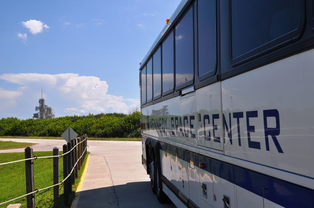 Launch Pad 39A in Background of Kennedy Space Center Tour Bus, Florida Launch Pad 39A in Background of Kennedy Space Center Tour Bus